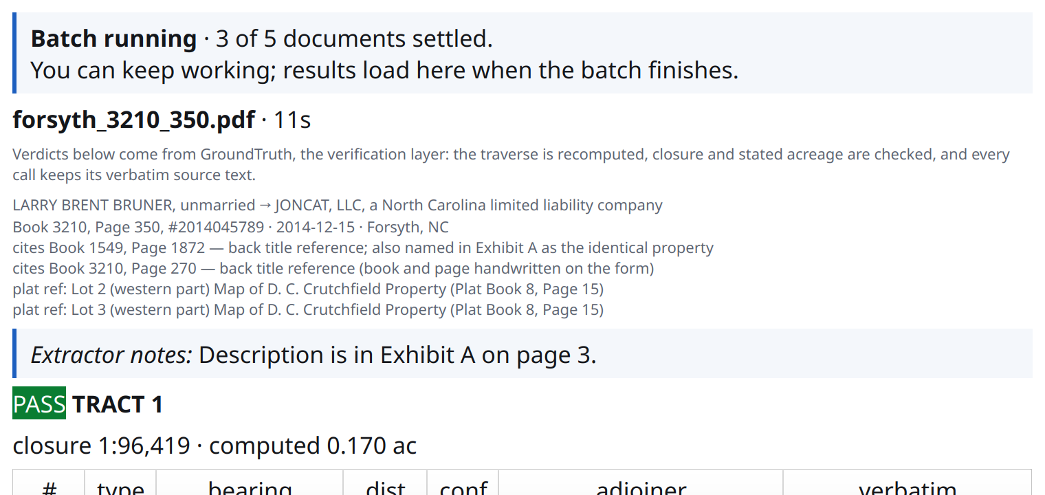 The review dock showing a batch progress card above a settled document