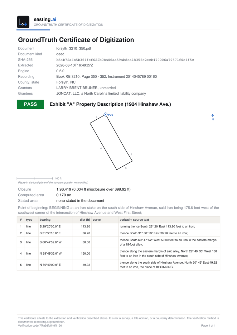 A GroundTruth Certificate of Digitization for a Forsyth County deed