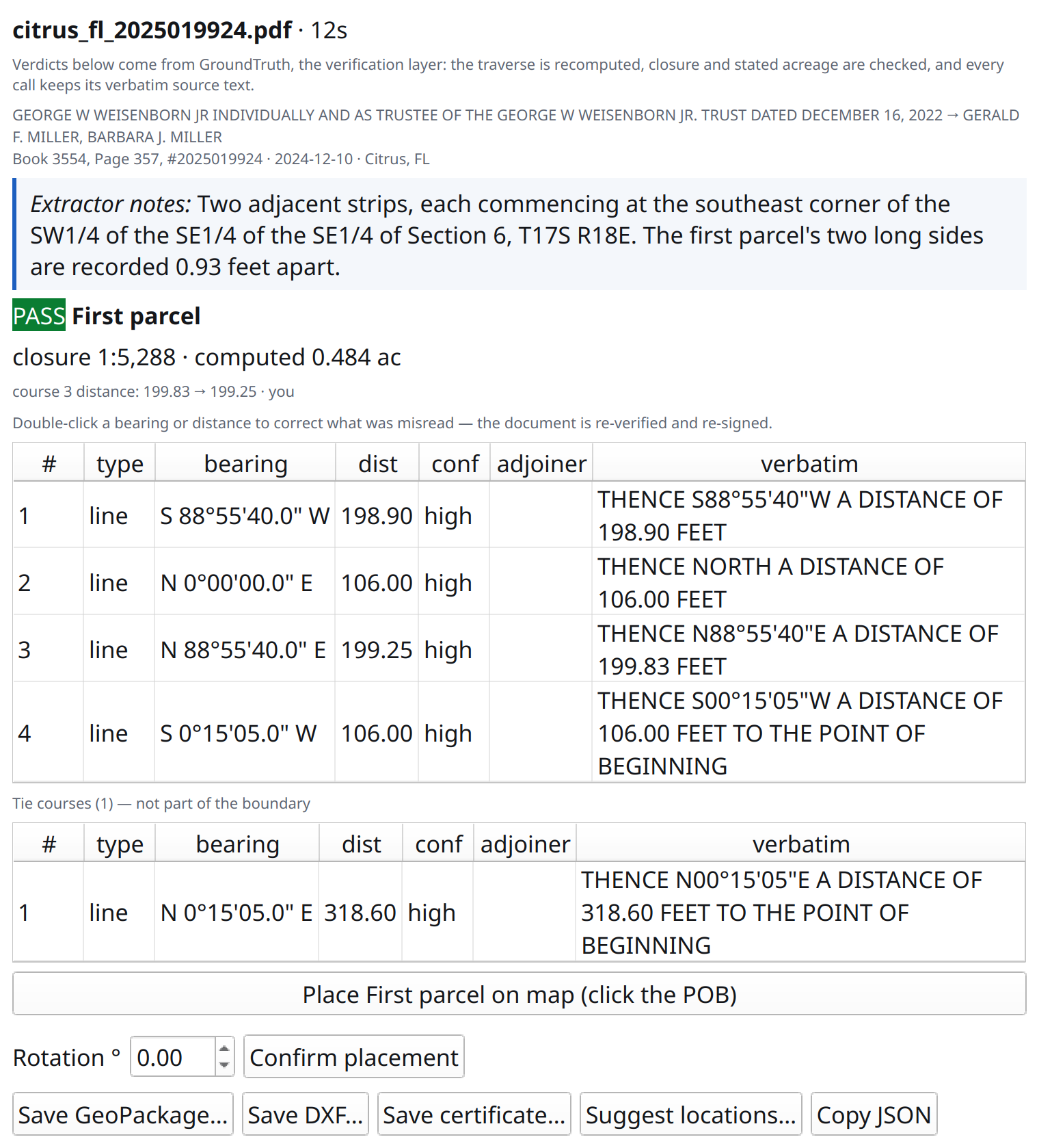 The same parcel after a correction, re-verified at PASS
