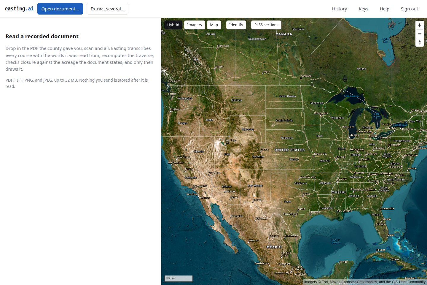 The Easting browser app: a drop target on the left, a map on the right