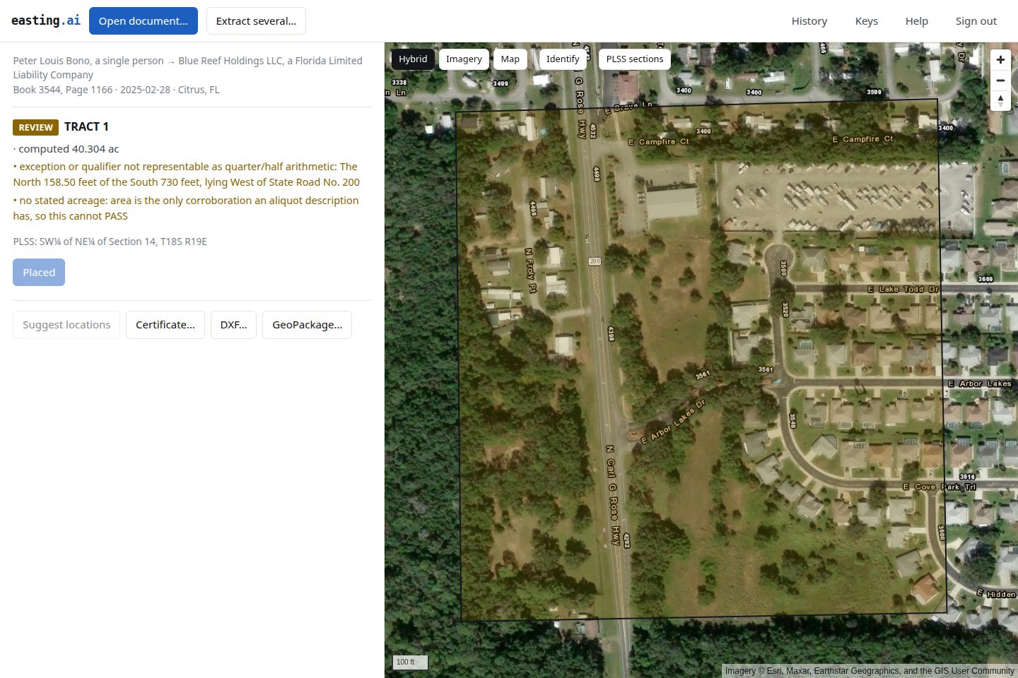 An aliquot tract placed on Citrus County imagery, its card showing a REVIEW verdict and the PLSS chain