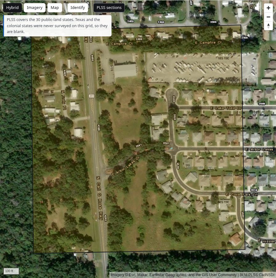 A placed tract with the PLSS sections overlay on, labelled 18S 19E