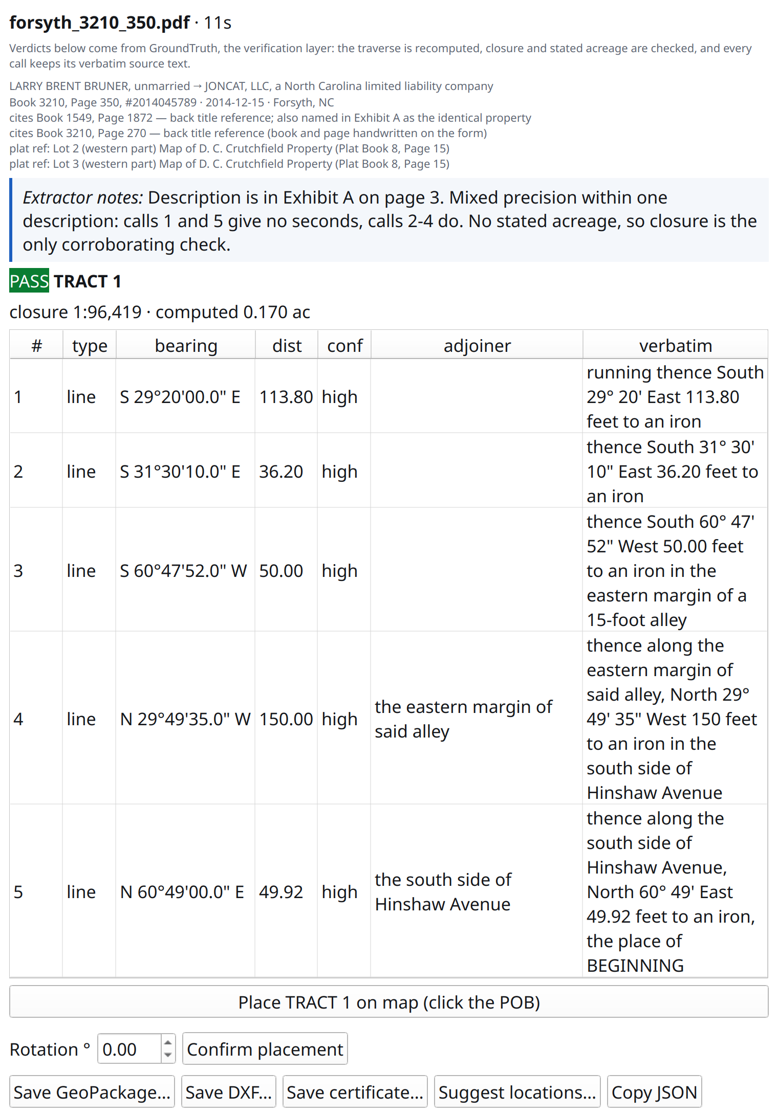 The review dock showing a verified deed extraction