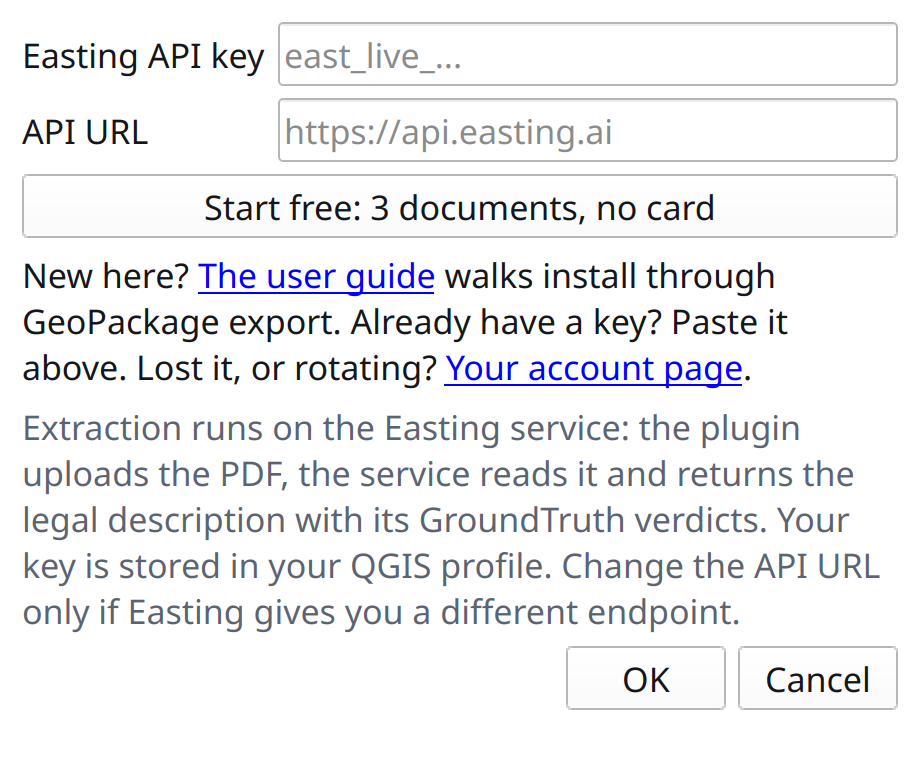 The Easting settings dialog: a key field, an API URL field, and a Start free button