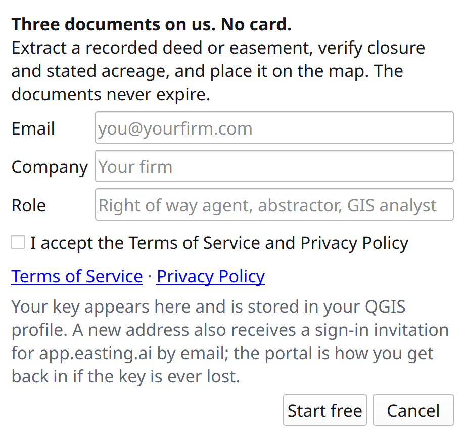 The Start free dialog: email, company and role, a terms checkbox, and a Start free button
